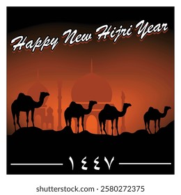 Celebrating the Islamic Hijri New Year with a golden desert sunset, camel in silhouette, and a majestic mosque in the background. Flat vector modern illustration 