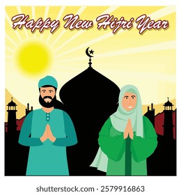 Celebrating the Islamic New Year with depictions of cultural traditions, featuring the silhouette of a mosque, rays of sunlight, and two people in traditional clothing, conveying joy, spirituality.