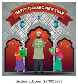Celebrating Islamic New Year with joy, featuring a family reading religious books inside a beautifully decorated archway with hanging lanterns. Flat vector modern illustration 