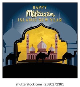 Celebrating Islamic New Year with a mosque, golden background, and camel silhouettes. Perfect for greeting cards and religious materials, symbolizing peace, faith, and Islamic heritage. 