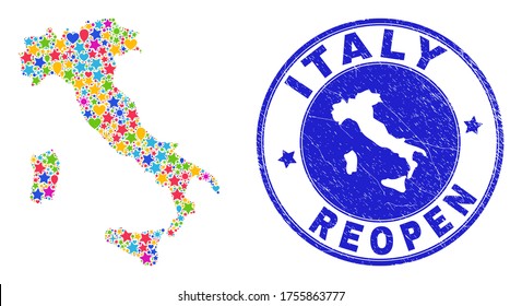 Celebrating Italy map collage and reopening grunge stamp. Vector collage Italy map is formed of random stars, hearts, balloons. Rounded rough blue watermark with grunge rubber texture.