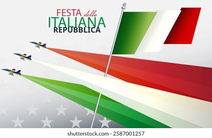  celebrating Italy Republic Day, Italian Air Force Frecce Tricolori planes, Military jet parade fighters planes releasing colors white, green and red smoke	