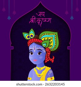 Celebrating Janmashtami with joyful Character of Krishna with Peacock Feathers and decorated with Traditional Ornaments.
