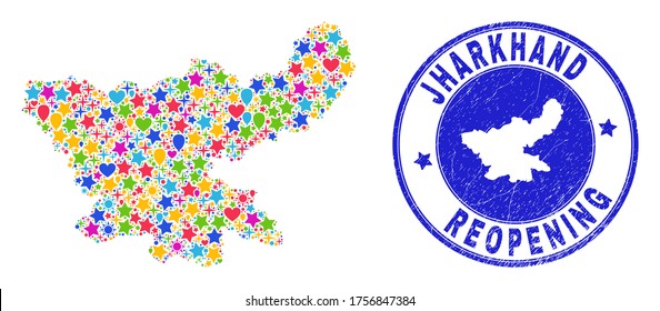 Celebrando el collage del mapa del estado de Jharkhand y reabriendo el sello corroido. El mapa del estado de Jharkhand con el collage vectorial se forma con estrellas, corazones, globos al azar.