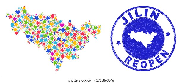 Celebrating Jilin Province map collage and reopening unclean seal. Vector collage Jilin Province map is constructed with randomized stars, hearts, balloons.