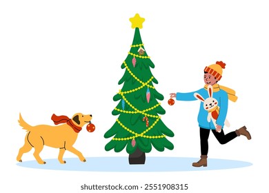 Celebrating the joy of decorating a Christmas tree with a pet dog during winter festivities