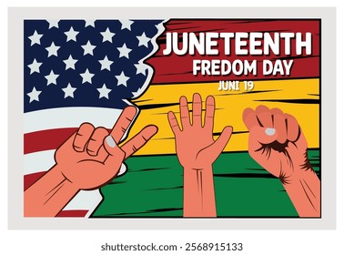 Celebrating Juneteenth Freedom Day on June 19, features raised hands, which symbolize freedom, resilience, and unity. Flat vector modern illustration 