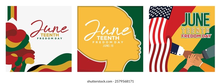 Celebrating Juneteenth Freedom Day. Pan-African colors, the American flag, and cultural motifs honor African American heritage and the abolition of slavery in the United States. Juneteenth concept.