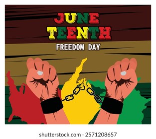 Celebrating Juneteenth Independence Day, featuring raised hands breaking free from chains symbolizing liberation and empowerment. Flat vector modern illustration