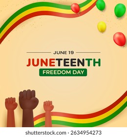 Celebrating Juneteenth Spirit with Freedom Day Event Graphics Featuring Colorful Balloons and Raised Fists.
