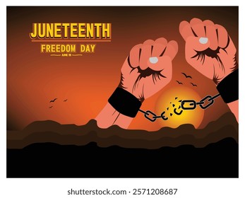 Celebrating Juneteenth, this captures the breaking of chains with uplifting symbolism against a vibrant sunset background. Flat vector modern illustration 