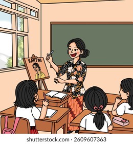 Celebrating Kartini Vector - Indonesian Teacher Inspiring Students on Education and Equality - Teacher Presenting Kartini's Portrait to Students in Classroom 