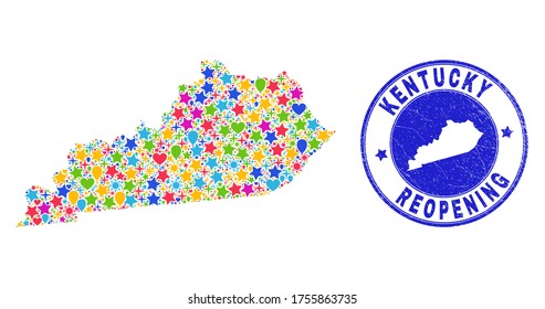 Celebrando el collage de mapas del estado de Kentucky y reabriendo el sello corroído. Collage vectorial del mapa estatal de Kentucky se hace a partir de estrellas, corazones, globos al azar.