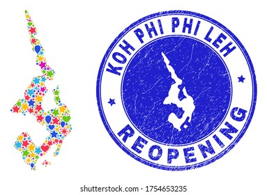 Celebrating Koh Phi Leh map collage and reopening rubber stamp. Vector collage Koh Phi Leh map is done from random stars, hearts, balloons.