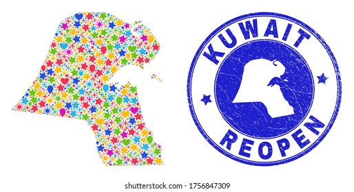 Feiern Kuwait Karte Collage und Wiedereröffnung Grunge-Siegel. Vektorgrafik Kuwait Karte ist mit randomisierten Sternen, Herzen, Ballons gemacht. Rounded wry blue Prägung mit Grunge Kautschuk Textur.