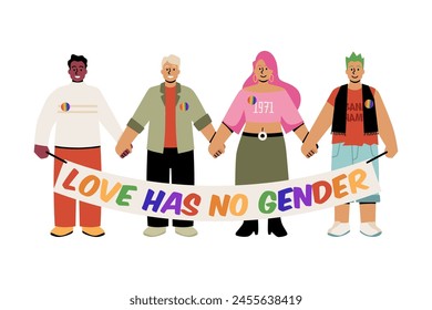 Celebrating LGBT Pride Month. Vector illustration on a white background of different people holding a rainbow flag, symbolizing unity and support in the fight against discrimination.