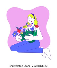 Celebrando a vida após reconstrução da mama conceito de ilustração 2D. Mulher branca sobrevivente do câncer de mama abraçando personagem de desenho animado buquê isolado no branco. Metáfora abstrata vetor gráfico plano