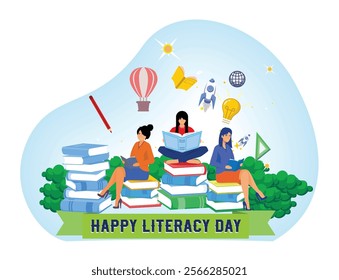 Celebrating literacy with people reading books and surrounded by symbolic knowledge elements like pencils and globes. Flat vector modern illustration 