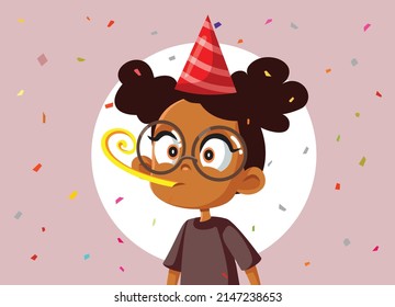 
Celebrating Little Girl Blowing Party Whistle Vector Cartoon Illustration. Cheerful little child celebrating and having fun
