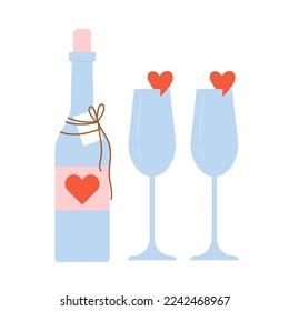 Celebrating love with champagne. Valentine day glasses beverage, romantic date vector illustration