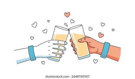 Celebrating love and connection with a toast of refreshing beverages amidst hearts and warmth
