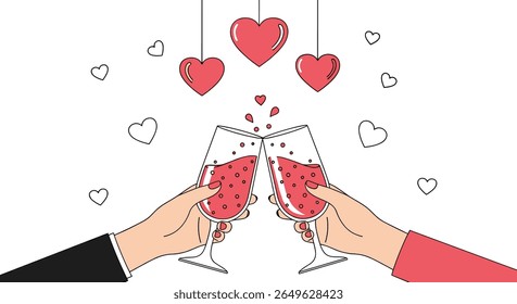 Celebrating love with sparkling wine and heart decorations for a romantic toast and valentine's day festivities