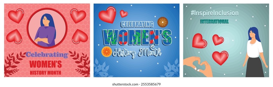 Celebrating Love and Togetherness. Women History Month concept. Woman with heart shaped hands. Set flat vector modern illustration 