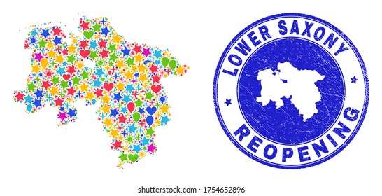 Celebrating Lower Saxony Land map collage and reopening dirty stamp seal. Vector collage Lower Saxony Land map is done with random stars, hearts, balloons.