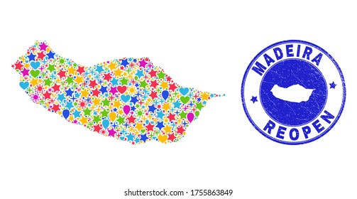 Celebrating Madeira map collage and reopening dirty stamp seal. Vector collage Madeira map is done with randomized stars, hearts, balloons.