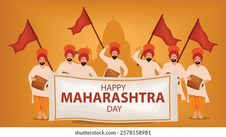 celebrating Maharashtra Day, featuring a group of traditional Marathi Lezim and Dhol performers. TThe bold "Happy Maharashtra Day" text is placed on a banner