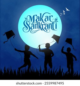  Celebrating Makar Sankranti featuring the festival's name in a vibrant font Colorful kites and children flying them symbolize joy while a bright moon enhances the celebratory mood