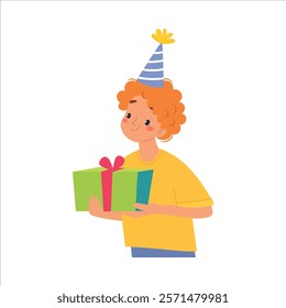 Celebrating Man Character with Gift Box Rejoice and Cheering Vector Illustration