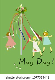  Celebrating the May Day in England. Girls who dance in mayopolis. Vector illustration.