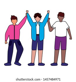celebrating men hands up characters vector illustration