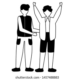 celebrating men hands up characters vector illustration white and black