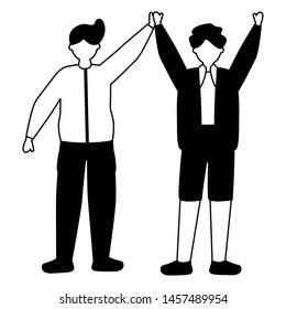 celebrating men hands up characters vector illustration white and black