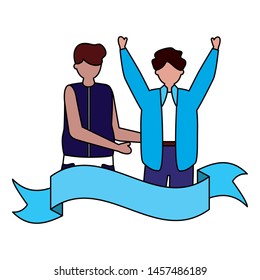 celebrating men young happy characters ribbon vector illustration