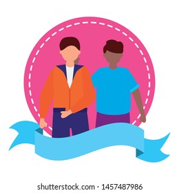 celebrating men young happy characters sticker vector illustration