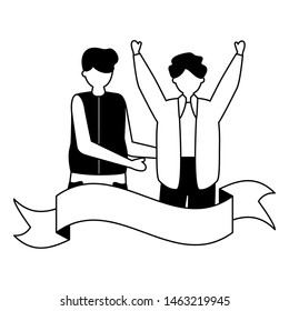 celebrating men young happy characters ribbon vector illustration white and black