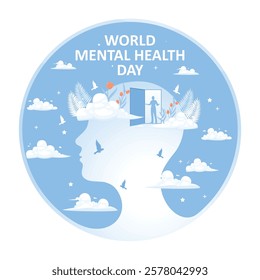 Celebrating Mental Health Awareness Day. Imaginary silhouette of a human head with growth and an open door. Mental Health concept. Flat vector illustration.