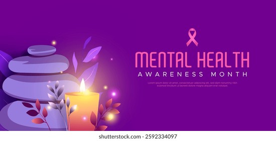 Celebrating Mental Health Awareness Month, May. The design features stacked stone elements as well as candles and plants surrounding it, a therapeutic visual concept. keep your mental health