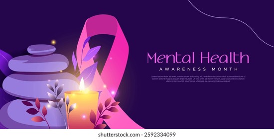 Celebrating Mental Health Awareness Month, May. The design features stacked stone elements as well as candles and plants surrounding it, a therapeutic visual concept. keep your mental health