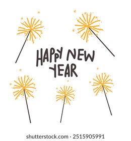 Celebrating Merry Christmas and Happy New Year. Illustration for greeting card, festive poster, background. New year sparklers and inscription on a white background