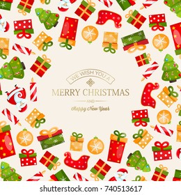 Celebrating Merry Christmas poster with light greeting inscription and colorful bright traditional symbols vector illustration