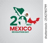 Celebrating Mexico Revolution Day post. 20th November Historical Mexican Holiday. Viva la Revolución. Mexican Map. Mexican Pride Day, Revolution Holiday. poster, social media, greeting card, vector