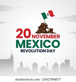 Celebrando el post del Día de la Revolución en México. 20 de noviembre Historical Mexican Festiva. Viva la Revolución. Bandera mexicana. Día del Orgullo Mexicano, Revolución Festiva. cartel, medios sociales, tarjeta de felicitación, Vector