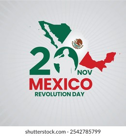 Celebrating Mexico Revolution Day post. 20th November Historical Mexican Holiday. Viva la Revolución. Mexican Map. Mexican Pride Day, Revolution Holiday. poster, social media, greeting card, vector