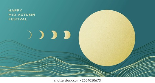 Comemorando o design de banner vetorial do Festival de outono com uma lua cheia dourada sobre um fundo azul-petróleo e padrões de ondas de ouro. Embalagem, banner, modelo e cartões de saudação. 