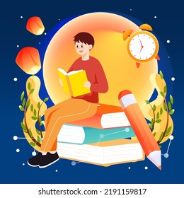 Celebrating mid-autumn festival and teacher's day, teacher is working hard with moon and windows in background, vector illustration