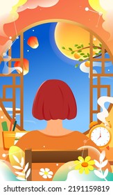 Celebrating mid-autumn festival and teacher's day, teacher is working hard with moon and windows in background, vector illustration